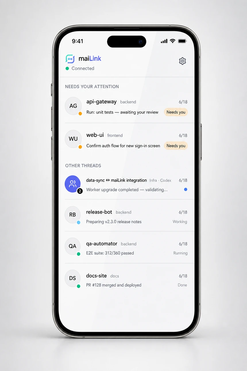 maiLink on iPhone — an inbox of AI agents, with the ones needing attention pinned to the top